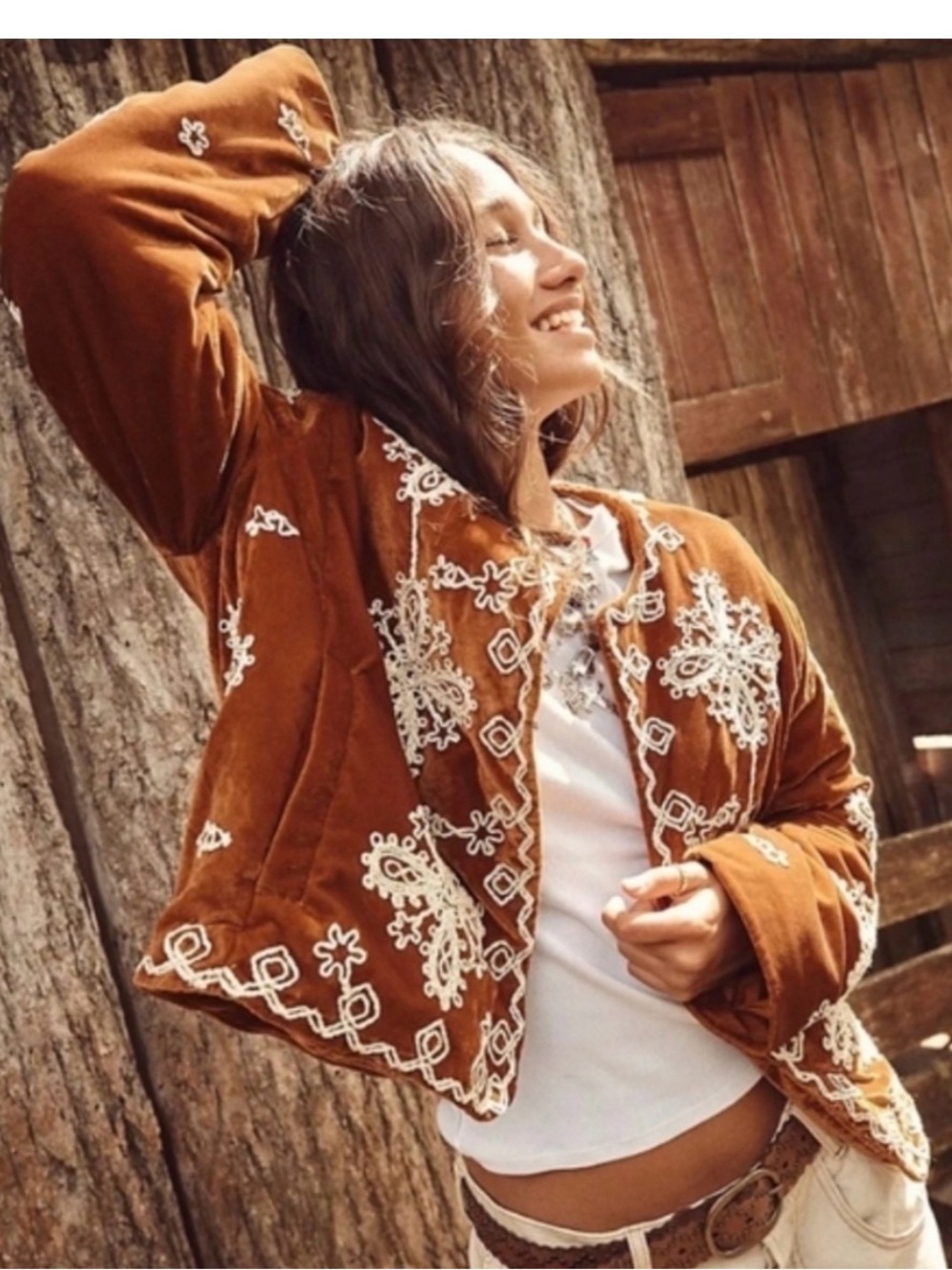Free People Mia Jacket Embroidered Rust Velvet Women's Jacket - Picture 4 of 10